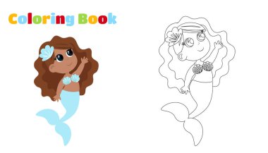Boyama sayfası. Büyük kuyruklu ve çizgi film tarzında güzel saçlı bir deniz kızı. Kızın sarı saçları ve büyük gözleri var..