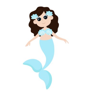 Çizgi film tarzında büyük kuyruklu deniz kızı beyaz arka planda izole edilmiş. Kızın sarı saçları ve büyük gözleri var..