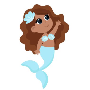 Büyük kuyruklu deniz kızı ve çizgi film tarzında güzel saçlar beyaz arka planda izole edilmiş. Kızın sarı saçları ve büyük gözleri var..