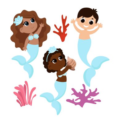 Bir dizi deniz kızı ve iki kız ve su altı mercanları beyaz arka planda izole edilmiş karikatür tarzında..