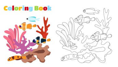 Boyama sayfası. Su altı mercanları, tropikal balıklar, algler. Okyanus bitkilerinin ve balıkların çizgi film stili çizimi.