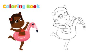 Boyama sayfası. Şirin küçük bir kız pembe flamingo şişirilebilir bir yüzükle koşuyor. Çocuk mayo giymiş ve mutludur. Yaz tatili karikatür çizimi.