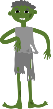 Paçavralı gri elbiseli sevimli genç bir zombi. Çizgi film tarzında Cadılar Bayramı illüstrasyonu.