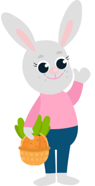 Pantolon ve gömlek giyen mutlu bir Paskalya tavşanı patilerinde havuç dolu bir sepet tutar..