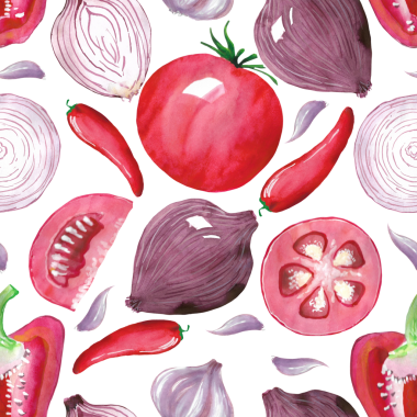 Kusursuz desenli kırmızı dolma biber, acı biber, domates, yarım domates, soğan, sarımsak, karanfil..