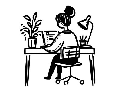 Kız masada oturuyor ve dizüstü bilgisayarla çalışıyor. İçişleri Bakanlığı. Evde ya da serbest çalışıyorum. Genç bir kadın evde ders çalışıyor..