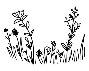 El, Beyaz Arkaplanda Siyah ve Beyaz Bahar Çiçekleri Çekiyor. Robot resim. Doodle tarzı. Vektör illüstrasyonu