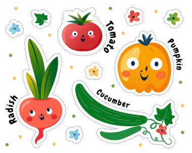 Çizgi film sebze karakterleri beyaz arka planda izole edilmiş. Komik sebze yüz ikonu vektör koleksiyonu. Çizgi film yemek emojisi. Sebze emojisi. Komik yemek konsepti. Vektör