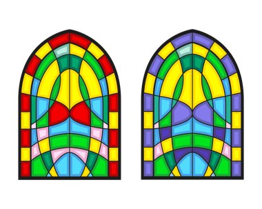 Lekeli cam pencereler. Renkli sanat camdan mozaikler, ortaçağ kilise penceresi ve dekoratif katedral mimari geometrik izole vektör çizimleri. Vektör illüstrasyonu