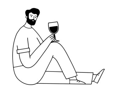 Genç bir adam oturur ve bir bardak şarap tutar. Vektör illüstrasyonu