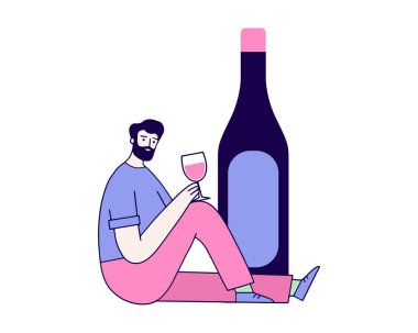 Genç bir adam büyük bir şişe şarabın yanında oturuyor ve elinde bir bardak şarap tutuyor. Vektör illüstrasyonu