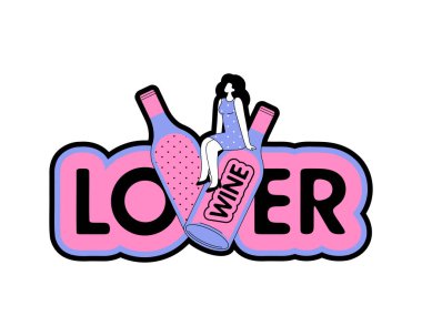 Şarap aşığı. Şarap festivali. Genç bir kadın büyük bir şişe şarabın yanında oturuyor. Vektör illüstrasyonu