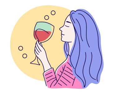 Kırmızı şarap içen modaya uygun kadın karakter çizimi. Şarap aşığı konsepti. Şarap kadehi tutan Doodle denen kadın. Vektör illüstrasyonu