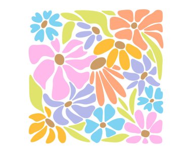 Muhteşem Daisy Çiçek Sanatı. Tekstil için hippi Retro Stili, Ambalaj kağıdı, Web Tasarımı. Matisse tarzı. Vektör illüstrasyonu