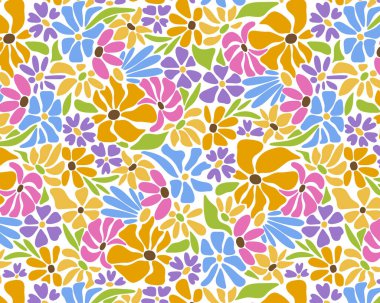 Şahane Daisy Çiçekleri Kusursuz Desen. Tekstil, Ambalaj Kağıdı, Web Tasarımı ve Sosyal Medya için Hippi Retro Biçimi. Vektör illüstrasyonu