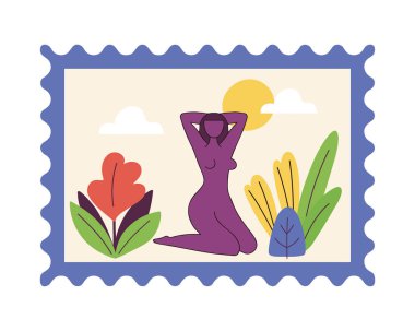 Henri Matisse tarzında soyut kadın vücut silueti içeren posta pulu, kenarları delinmiş minimum düz vektör. Vektör illüstrasyonu