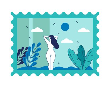 Henri Matisse tarzında soyut kadın vücut silueti içeren posta pulu, kenarları delinmiş minimum düz vektör. Vektör illüstrasyonu