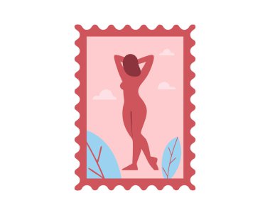 Henri Matisse tarzında soyut kadın vücut silueti içeren posta pulu, kenarları delinmiş minimum düz vektör. Vektör illüstrasyonu