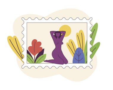 Henri Matisse tarzında soyut kadın vücut silueti içeren posta pulu, kenarları delinmiş minimum düz vektör. Vektör illüstrasyonu