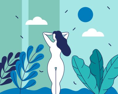 Henri Matisse tarzı kesilmiş kadın silueti, yumuşak pastel arka plan, delinmiş kenarlı minimal düz vektör. Vektör illüstrasyonu