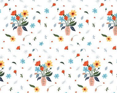 Bahçe çiçeği, bitkiler, botanik, kusursuz model vektör tasarımı moda, kumaş, duvar kağıdı. Küçük renkli çiçekler. Vektör illüstrasyonu