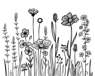 Çiçekler. Siyah-beyaz tarzında. Kağıt, çıkartma, rozet, bijouterie ve dövme basmak için kullanılabilir. Vektör illüstrasyonu