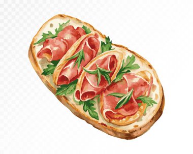 Prosciutto Baguette Hughchetta. Lezzetli İtalyan aperatifleri. Üst Manzaralı Sandviçler. Vektör illüstrasyonu