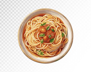 Bir tabak domatesli spagetti. Makarna. Suluboya tarzı. Vektör illüstrasyonu