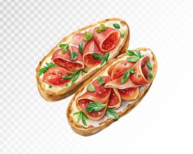 Prosciutto Baguette Hughchetta. Lezzetli İtalyan aperatifleri. Üst Manzaralı Sandviçler. Vektör illüstrasyonu