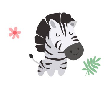 Çocuk tarzında düz vektör çizimi. Beyaz arka planda şirin bir zebra. Vektör illüstrasyonu