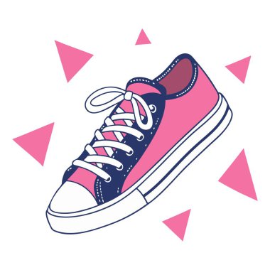 Moda, Çocuklar, El Sanatları ve Grafiksel Tasarım için Geometrik Üçgen Şirin Vektör Ayakkabı Clipart ile Pembe ve Deniz Mavisi Sneaker Çizimi. Vektör illüstrasyonu