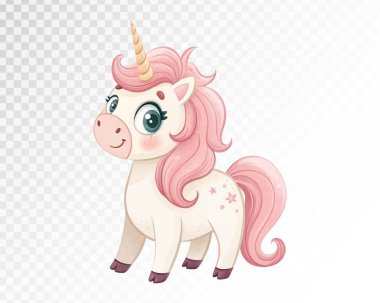 Pastel Renkleri Çocuk Bebek Dekoru 'nda Sihirli Fantezi Temaları için Pembe Mane Vektör İllüzyonu ile Şirin Tekboynuz. Vektör illüstrasyonu