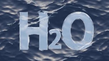 Animation of the water formula H2O. Slow motion animation of water waves. Waves of water wash over glass transparent text H2O. 3d illustration