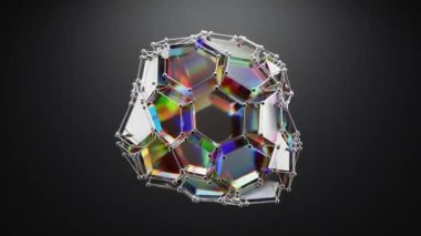 Futuristic animation of abstract glass shape with a color effect of the spectrum of light. Plesxus animation with elements of glass, metal and dispersion of light. Metaverse animation. 3D Illustration