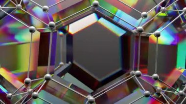 Futuristic animation of abstract glass shape with a color effect of the spectrum of light. Plesxus animation with elements of glass, metal and dispersion of light. Metaverse animation. 3D Illustration