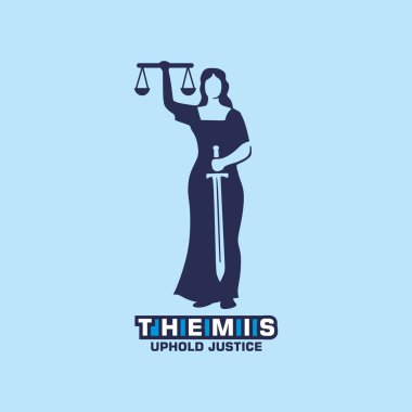 THEMIS LADY JUSTICE LOGO, mavi bayanın silüeti ayakta duran vektör çizimleri