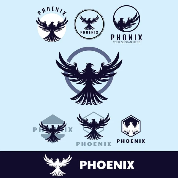 Elegant Black Phoenix Logo Silhouette Flying Bird Vector Illustrations — Stock Vector