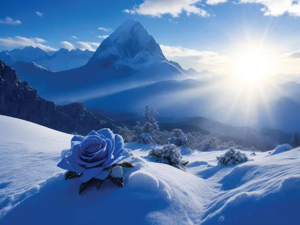 blue roses on the snow in winter