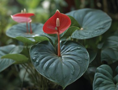 Koyu yeşil yapraklı, kırmızı Anthurium çiçekleri.