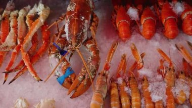 Yerel bir restoranda satılık deniz ürünleri sergileniyor. Norveç 'teki Bergen pazarından deniz ürünleri. Piyasada sergilenen yeni düzenleme. Istakoz, karides, balık, kabuklu deniz hayvanı, kerevit ve yeşillik. Deniz ürünleri çeşitleri