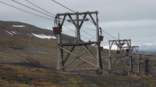Ökologie Industrie Spitzbergen Seilbahnstation Alte Stillgelegte Kohleseilbahn Der Stadt Longyearbyen — Stockvideo