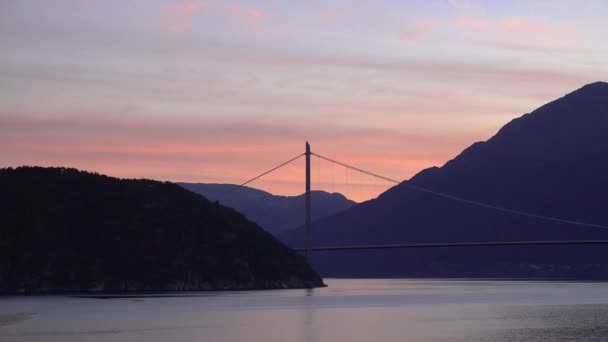 Panoramic View Modern Norwegian Bridge Harbour Huge Bridge Fjord Large — Stock Video