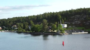 Stockholm Takımadaları. İsveç takımadaları yazın güneşli bir günde. Sahildeki yeşil orman ağaçları. İsveç doğası. Stockholm takımadalarındaki adadaki orman, Baltık Denizi