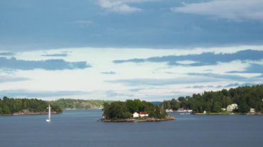 Stockholm Takımadaları. İsveç takımadaları yazın güneşli bir günde. Sahildeki yeşil orman ağaçları. İsveç doğası. Stockholm takımadalarındaki adadaki orman, Baltık Denizi