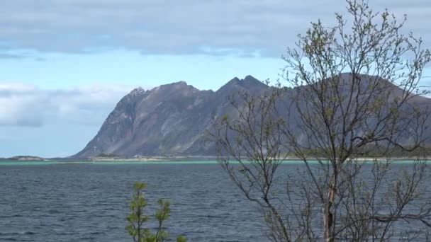 ノルウェー旅行 山と海と自然の風景 海からの生態学的にきれいな自然のパノラマビュー 自由とは クリーンな環境 雪に覆われた山々 — ストック動画