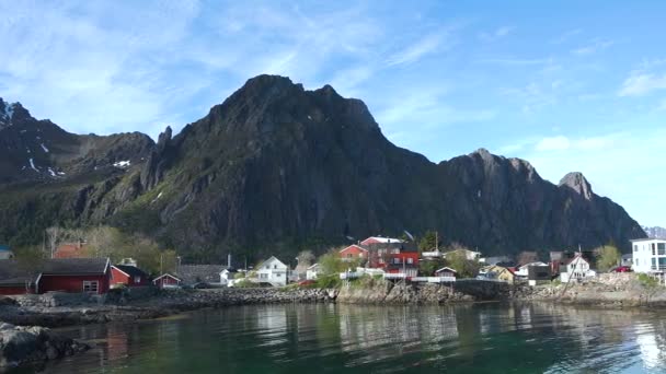Scenic View Small Fishing Village Red Houses Beautiful Mountains Covered — Stock Video