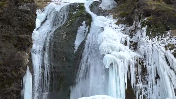 Island Vodopád Led Zmrzlý Vodopád Zimě Kouzelná Zimní Krajina Krásná — Stock video