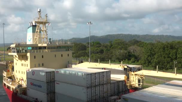 Panama Canal Panama August 2019 Large Ship Passes Lock System — Stock Video