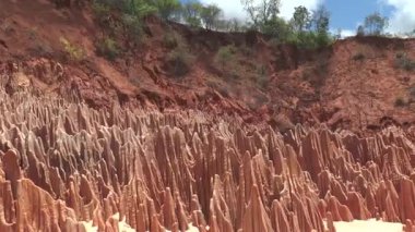Madagaskar 'da Kırmızı Tsingy. Jeoloji. Doğanın harikaları. Kırmızı, eşsiz bazalt kayaları. Toprak erozyonunun sonucu olarak kaya oluşumları.