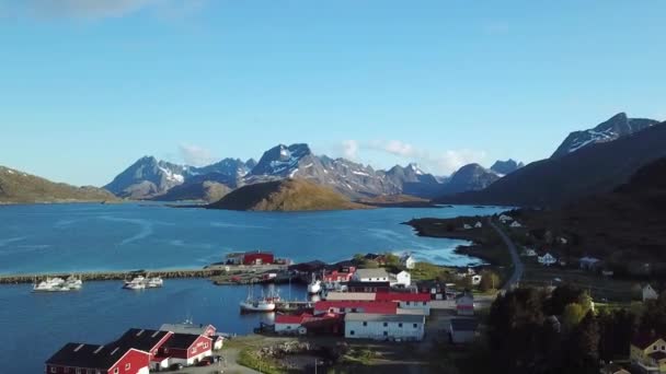 ノルウェー旅行 ロフォトン諸島のラインにある橋の航空無人機の映像 ノルウェーフィヨルド ロフテ島の山々 キャビン付きの伝統的な漁村への道の景色 美しいノルウェーの風景 — ストック動画